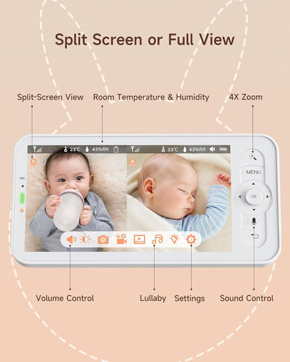 Arenti Baby Monitor 2 Cameras, 2K Smart Baby Camera 2PC with 5-Inch Upgraded Wireless Display 1PC, Super Night Vision, Lullabies, Cry & Motion Detection, Temp & Humidity Sensor, Two Way Audio, ‎Wifi 6