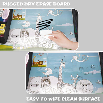 Kids Travel Tray for Car Seat | Portable Lap Desk with Dry Erase Drawing Board, Tablet Holder & Cooler Cup Holder