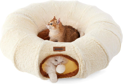 ZOMISIA Cat Tunnel Bed for Indoor Cats, Cute Cat Donut Toy Tunnel for Small Large Cats, Peekaboo Pet Cave Play Tunnel Toys for Kitten/Rabbit,Beige