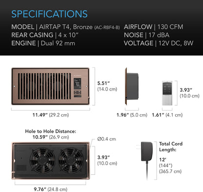 AC INFINITY AIRTAP T4, Quiet Register Booster Fan with Thermostat Control. Brown Bronze Vent. Fits 4 In x 10 In Registers.