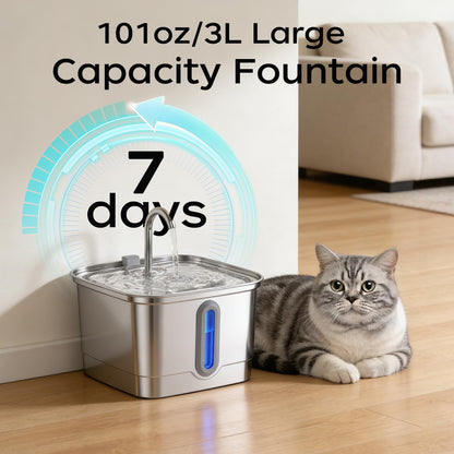 Cat Water Fountain, 101oz/3L Stainless Steel Pet Water Dispenser | Ultra-Quiet 25 dB Cat Fountain with Water Level Window, 2 Filters & 2 Sponges Included for Indoor Cats