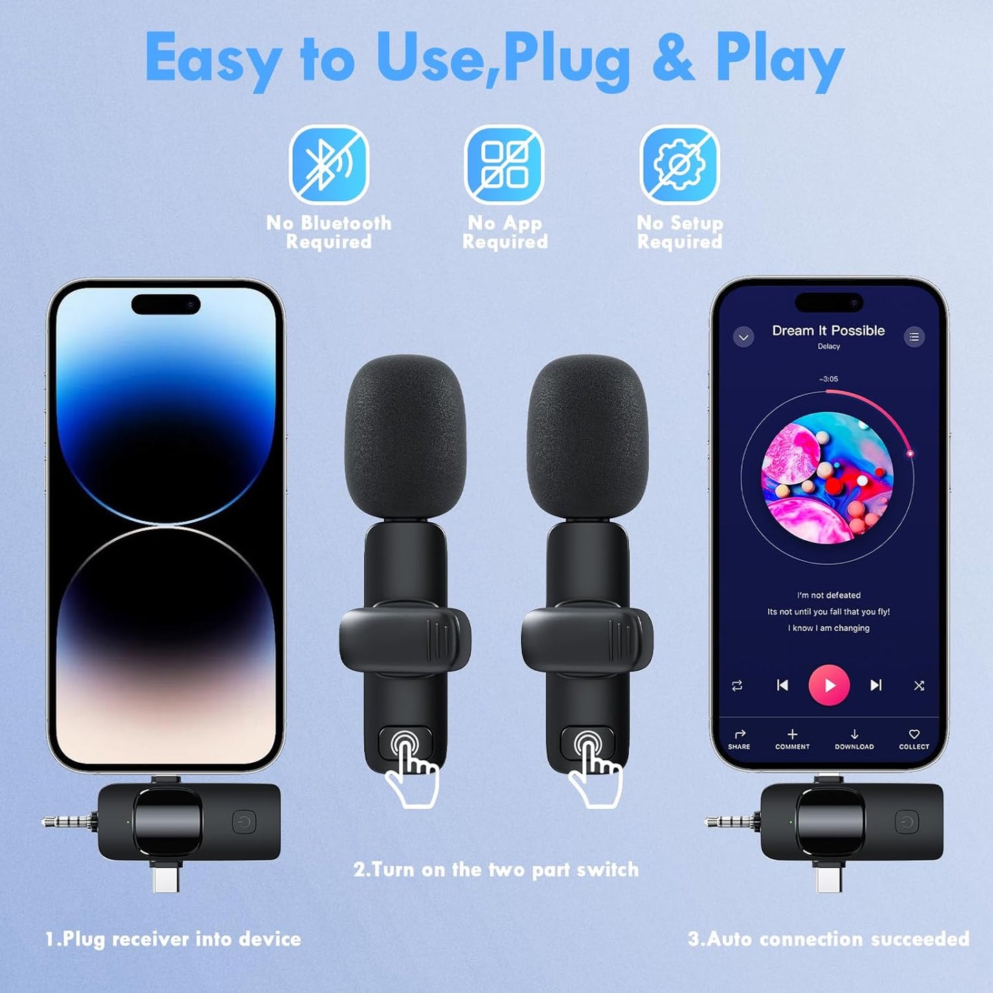 3 in 1 Wireless Lavalier Microphone for iPhone iPad Android Camera USB-C, Mini Microphone with Noise Reduction, Plug-Play Wireless Microphone for YouTube, Video Recording, Interviews, TikTok, Vlog
