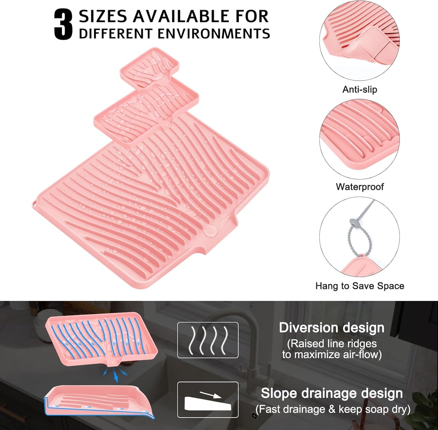 TIKNIK Silicone Dish Drying Mat for Kitchen Counter, Dish Drying Pad, Non-Slip Drain Pad with Built-in Drain, Heat Resistant Stone Drying Mat(40 L x 33 W cm, Grey)