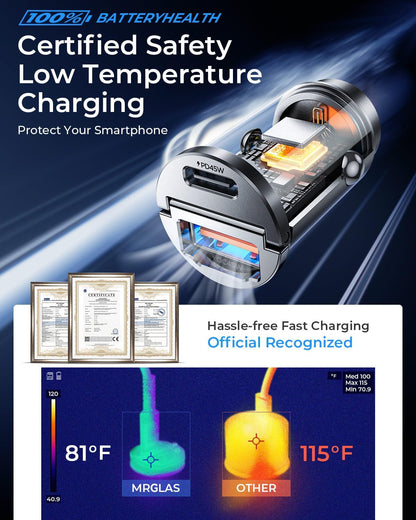 90W USB C Car Charger,[Super Mini Metal] USB C Car Charger Fast Charging Adapter PD+QC3.0 Dual Port MRGLAS Type C Car Cigarette Lighter USB Charger Compatible iPhone 17 16 15 Pro Max Air iPad Samsung