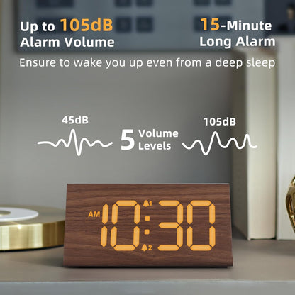 Odokee Wooden Digital Alarm Clock for Bedroom: Electric Desk Clock with Large LED Display - Brown