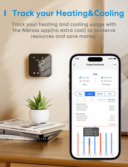 meross Smart Thermostat for Home, WiFi Thermostat Works with Matter, Alexa, Apple Home, Google Assistant, App Voice Control, 7x24h Scheduling, Energy Saving, C-Wire Required