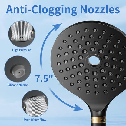 JONKEAN 7.5" Big Filtered Double Shower Head for Hard Water, Dual Shower Heads with Handheld Spray Combo, 9 Modes Waterfall Rain Shower Head High Pressure with Long Hose & Adjustable Bar(Matte Black)