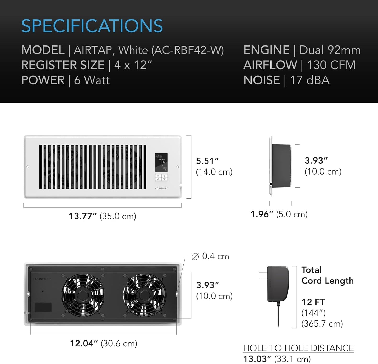 AC Infinity AIRTAP T4 White, Register Booster Fan for 4” x 10” Vents, Thermostat Control Improves Heating & Cooling, Quiet 10-Speed Remote Control & Bluetooth App. ONLY FITS 4” x 10” Duct Openings