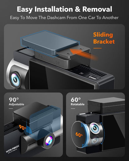 WOLFBOX i17 4K 3 Channel Dash Cam Built-in 5.8GHz WiFi GPS with 64GB Card, 4K+1080P+1080P Dash Cam Front and Rear Inside, Triple Car Camera with 3 Inch Screen, IR Night Vision, WDR, 24H Parking Mode