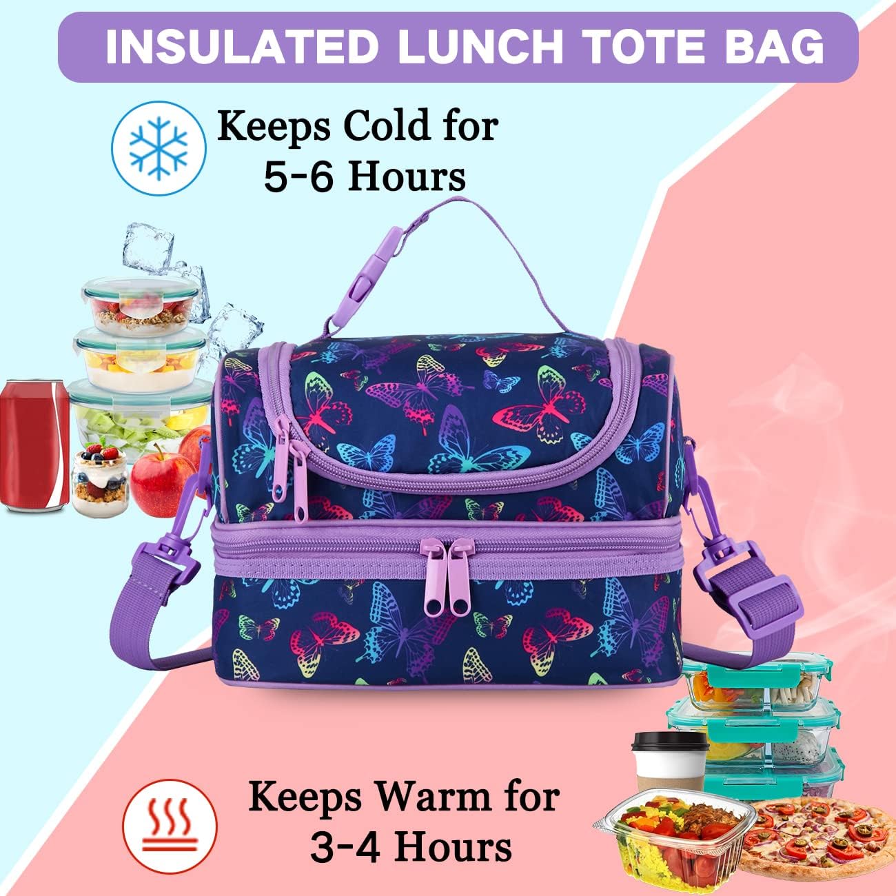 VASCHY Lunch Box Bag Men, Insulated Two Compartments Bento Cooler Bags for Adults/Women/Kids for School,Daycare,Kindergarten,Picnic Black