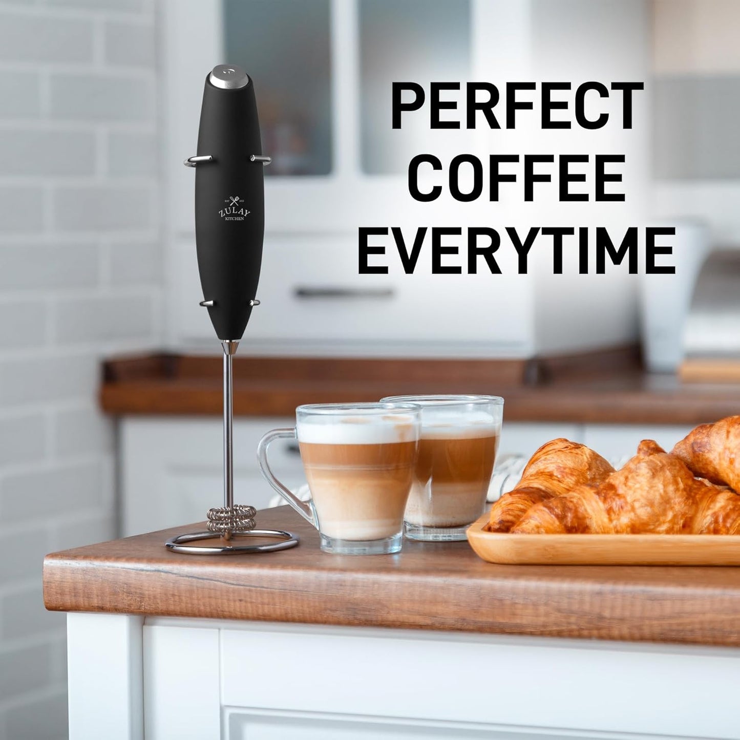 Zulay Kitchen Powerful Double Whisk Milk Frother Handheld - Foam Maker with Stand - Whisk Drink Mixer for Coffee, Mini Foamer for Latte, Matcha, Frappe, Hot Chocolate & Cappuccino (Black)