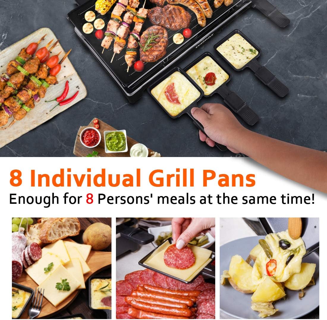 Raclette Table Grill, CUSIMAX Electric Indoor Grill, Portable Korean BBQ Grill with 2 in 1 Reversible Non-stick Plate& Natural Grill Stone, 1500W Electric Party Grill, 8 Raclette Pans& Wooden Spatulas