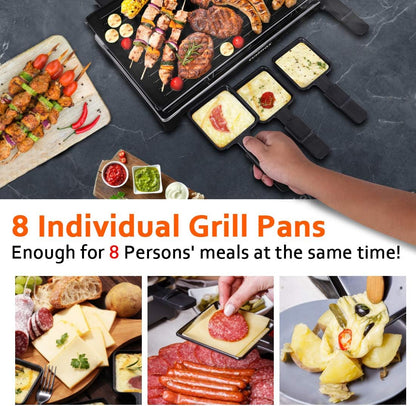 Raclette Table Grill, CUSIMAX Electric Indoor Grill, Portable Korean BBQ Grill with 2 in 1 Reversible Non-stick Plate& Natural Grill Stone, 1500W Electric Party Grill, 8 Raclette Pans& Wooden Spatulas