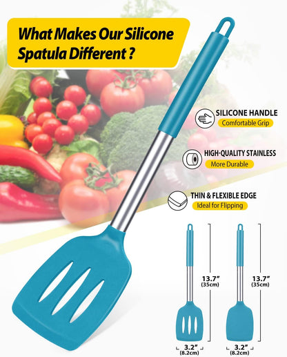 Pack of 2 Silicone Slotted Spatula,Non Stick Solid Kitchen Turner, High Heat Resistant BPA Free Cooking Utensils for Fish, Eggs, Pancakes（Black