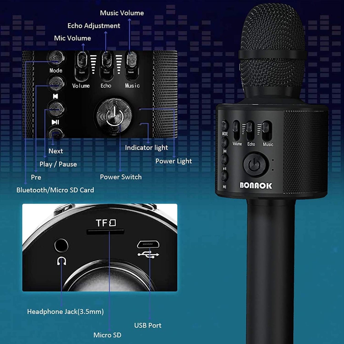 BONAOK Wireless Bluetooth Karaoke Microphone,3-in-1 Portable Instrument Wireless Microphone Mic Speaker Machine Home Party Birthday for All Smartphones（Black）