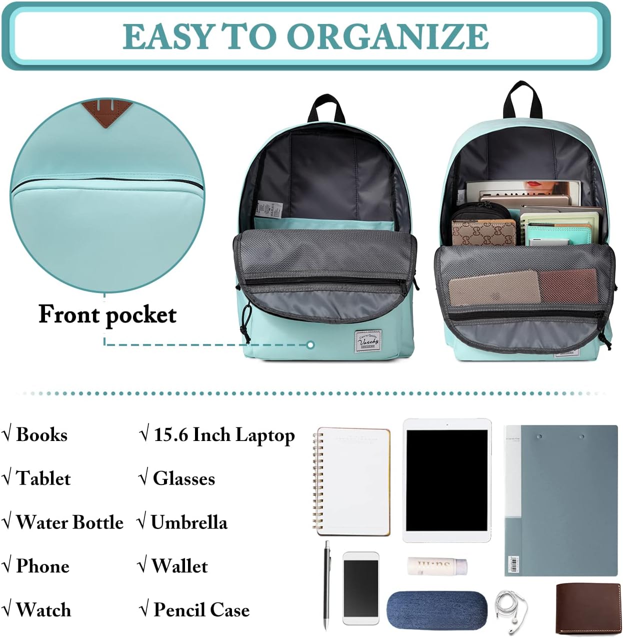 VASCHY Lightweight School Backpack for Women with Sleeve for 14" Laptop