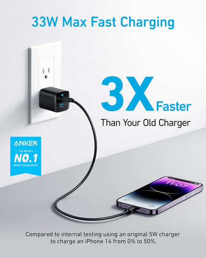 Anker USB C Charger, 323 Charger (33W), 2 Port Compact Charger with Foldable Plug for iPhone 14/14 Plus/14 Pro/14 Pro Max/13/12, Pixel, Galaxy, iPad/iPad Mini and More (Cable Not Included) - White