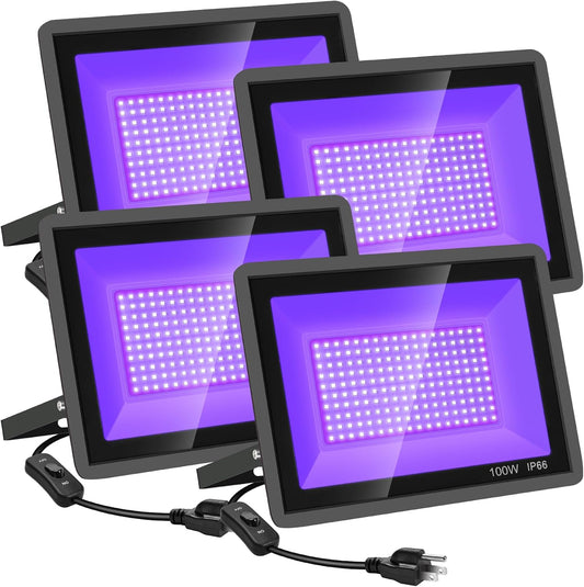 YANYCN - 4 Pack 100W Black LED Lights,Black Light with Plug and Switch,IP66 Waterproof Black Light 120V AC for Halloween Party,Glow in the Dark,Stage Light,Painting