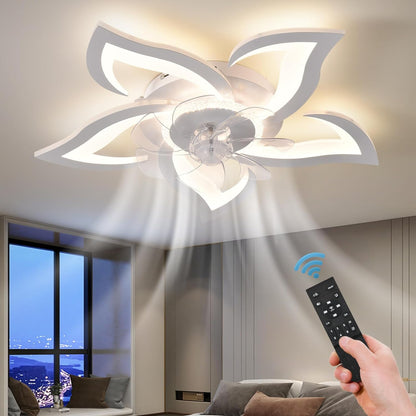 26" Geometric Ceiling Fan with Lights, 6 Speeds 3 Colors Ceiling Fan with Light Remote Control, White Low Profile Flush Mount Ceiling Fan for Kitchen Bedroom Living Room