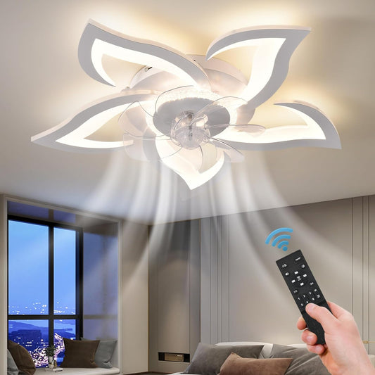 26" Geometric Ceiling Fan with Lights, 6 Speeds 3 Colors Ceiling Fan with Light Remote Control, White Low Profile Flush Mount Ceiling Fan for Kitchen Bedroom Living Room