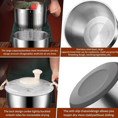 Salad Spinner Stainless Steel, Vegetables Wash Bowl Stainless Steel, 6L Salad Spinner Rotary Bowl with Drain for Restaurant Kitchen -Home Meal Prep Washing Accessories