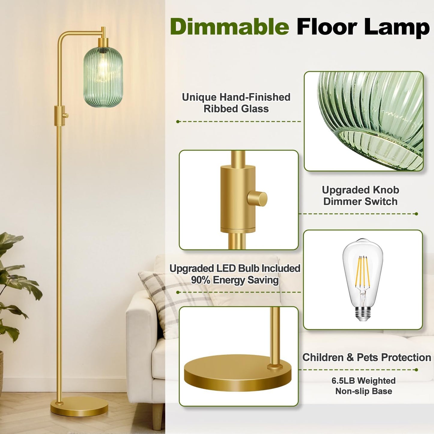 Upgraded】 Dimmable Floor Lamp for Living Room with Green Ribbed Glass Lampshade, Gold Modern Floor Lamp with 900LM LED Bulb Included, Arc Standing Tall Lamp for Bedroom, Office, Reading Room, Corner