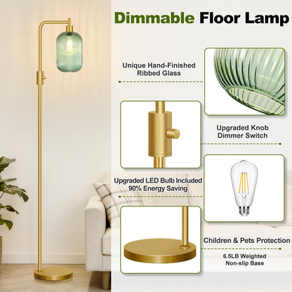 Upgraded】 Dimmable Floor Lamp for Living Room with Green Ribbed Glass Lampshade, Gold Modern Floor Lamp with 900LM LED Bulb Included, Arc Standing Tall Lamp for Bedroom, Office, Reading Room, Corner