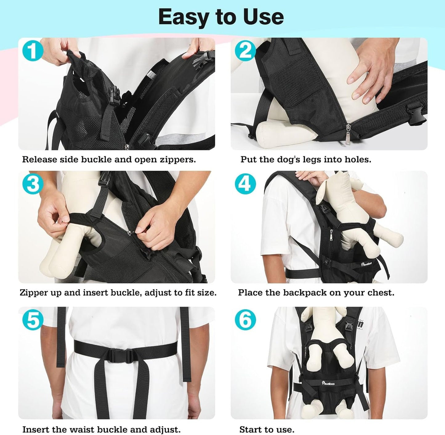 Pawaboo Pet Carrier Backpack, Adjustable Pet Front Cat Dog Carrier Backpack Travel Bag, Legs Out, Easy-Fit for Traveling Hiking Camping for Small Medium Dogs Cats Puppies, Medium, Black