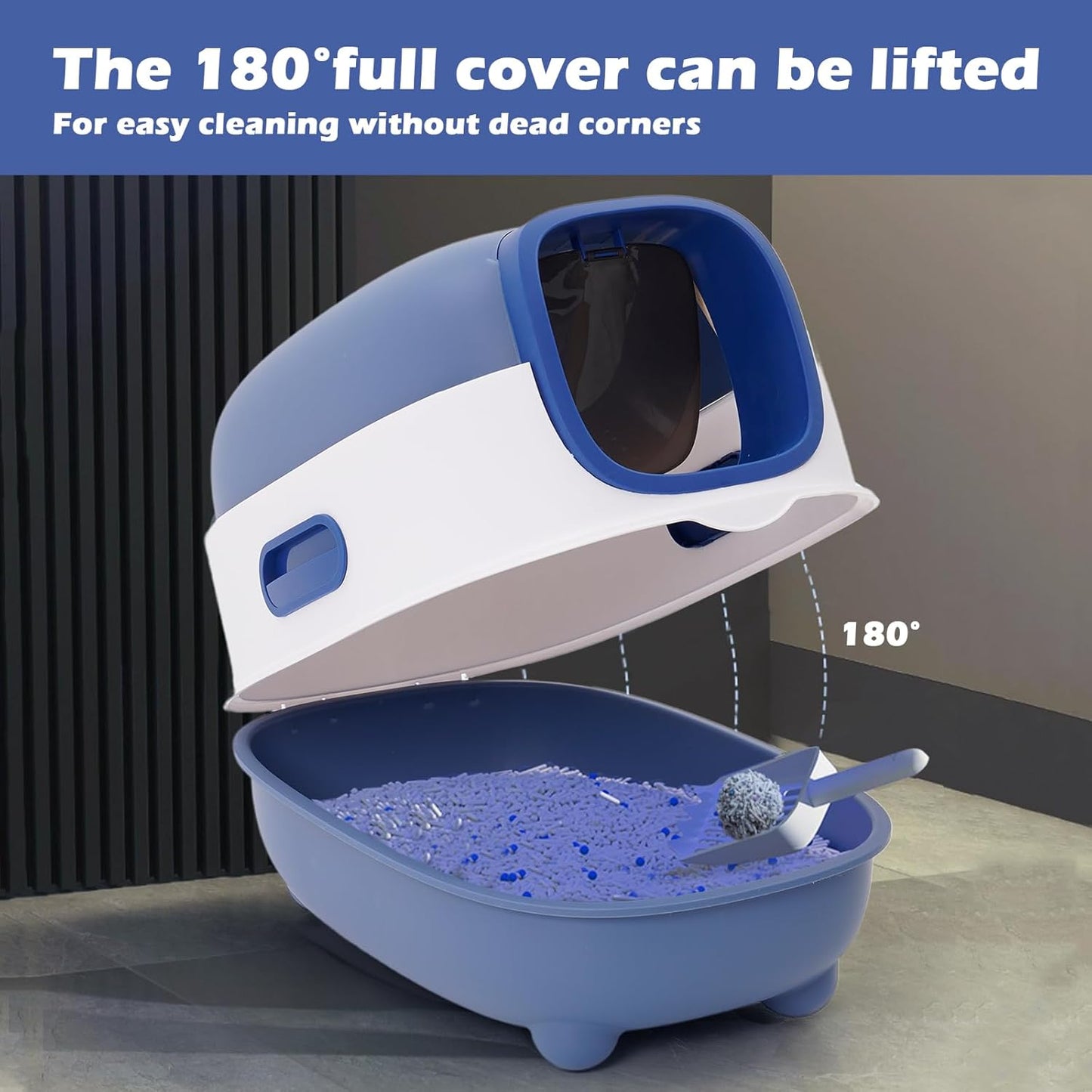 Ultra Large Fully Enclosed Cat Litter Box,Self Cleaning Cat Litter Tray for Cats with Automatic Anti-Sand Cage,Easy to Clean,Deodorize,Splash Proof Litter Box with Lid,55x38x36cm (Blue)
