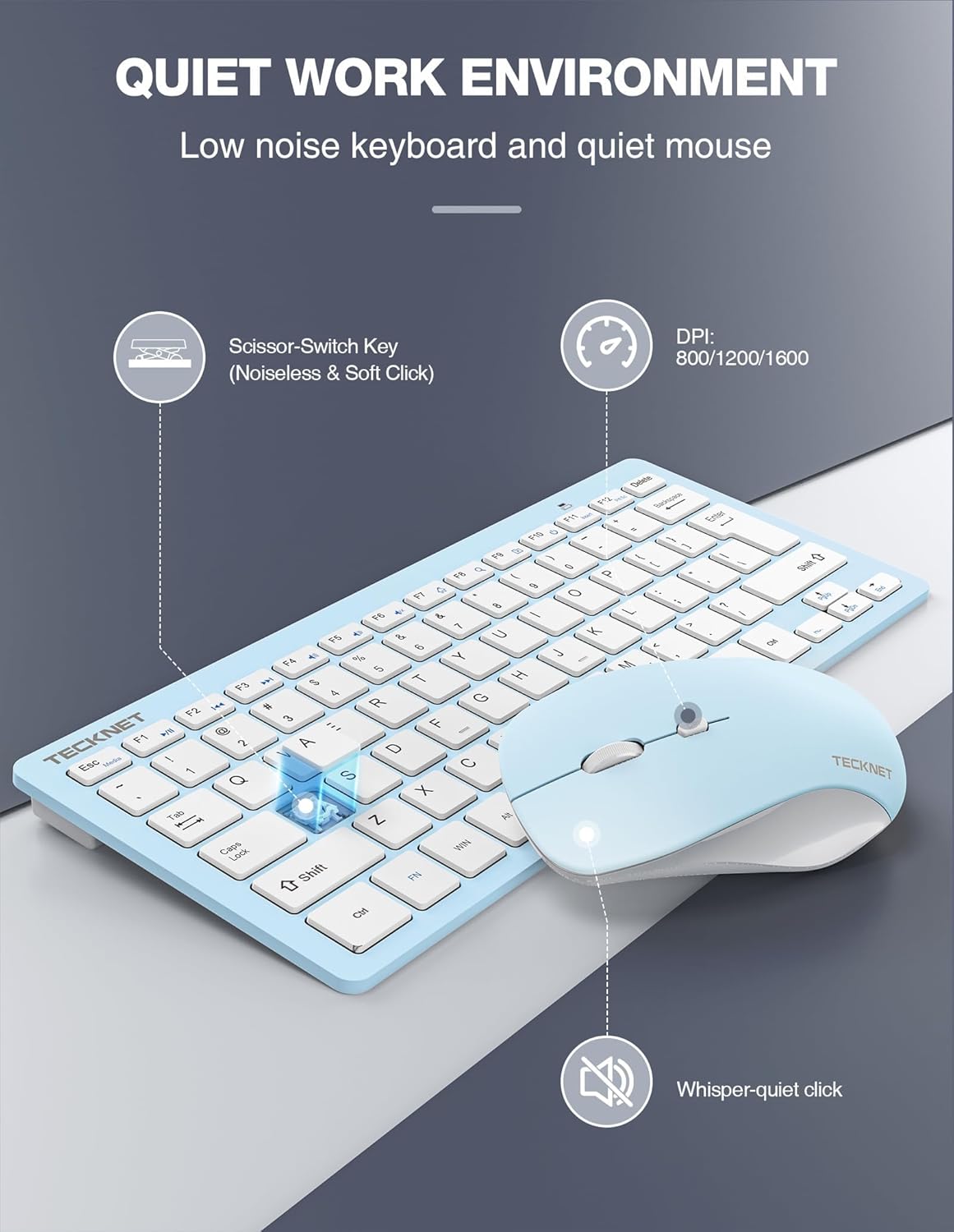 TECKNET Keyboard and Mouse Wireless - Compact 2.4GHz Wireless Keyboard and Mouse Combo with Adjustable DPI, Ultra-Quiet Clicks, Lag-Free Performance for Computer, Laptop, PC, Windows, Mac, Chrome OS