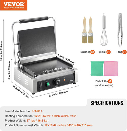 VEVOR 7 IN 1 Electric Contact Grill,1800W Indoor Panini Press Griddle,Stainless Steel Teppanyaki Grill with Nonstick&Removable Iron Plate, 0-446℉ Adjustable Temp Control,LCD Display,110V