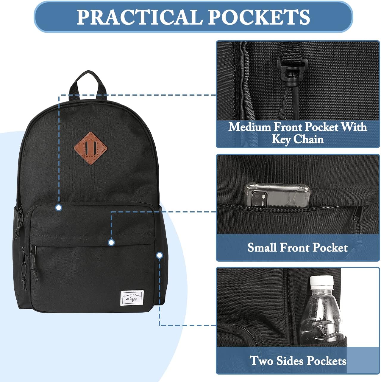 School Backpack, Kasqo 15.6 Inch Classic Lightweight Water-Resistant Backpack for Men Women Teens Girls Boys Kids to School, College, Travel, Work, Black