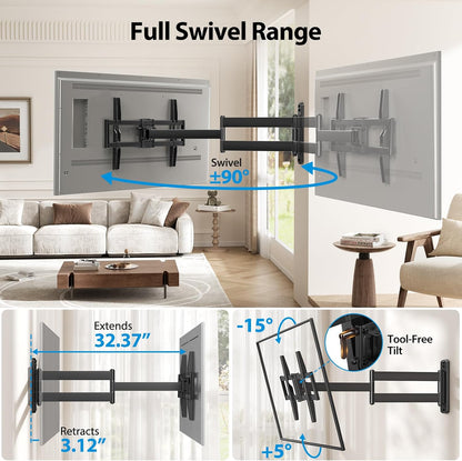 Pipishell Full-Motion Long-Arm TV Wall Mount for 32-75 Inch TVs up to 100 lbs, Wall Mount TV Bracket with 32.37” Extension, Swivel & Tilt, Space-Saving Corner TV Mount, Max VESA 600x400mm, PILF18 - PuriLite