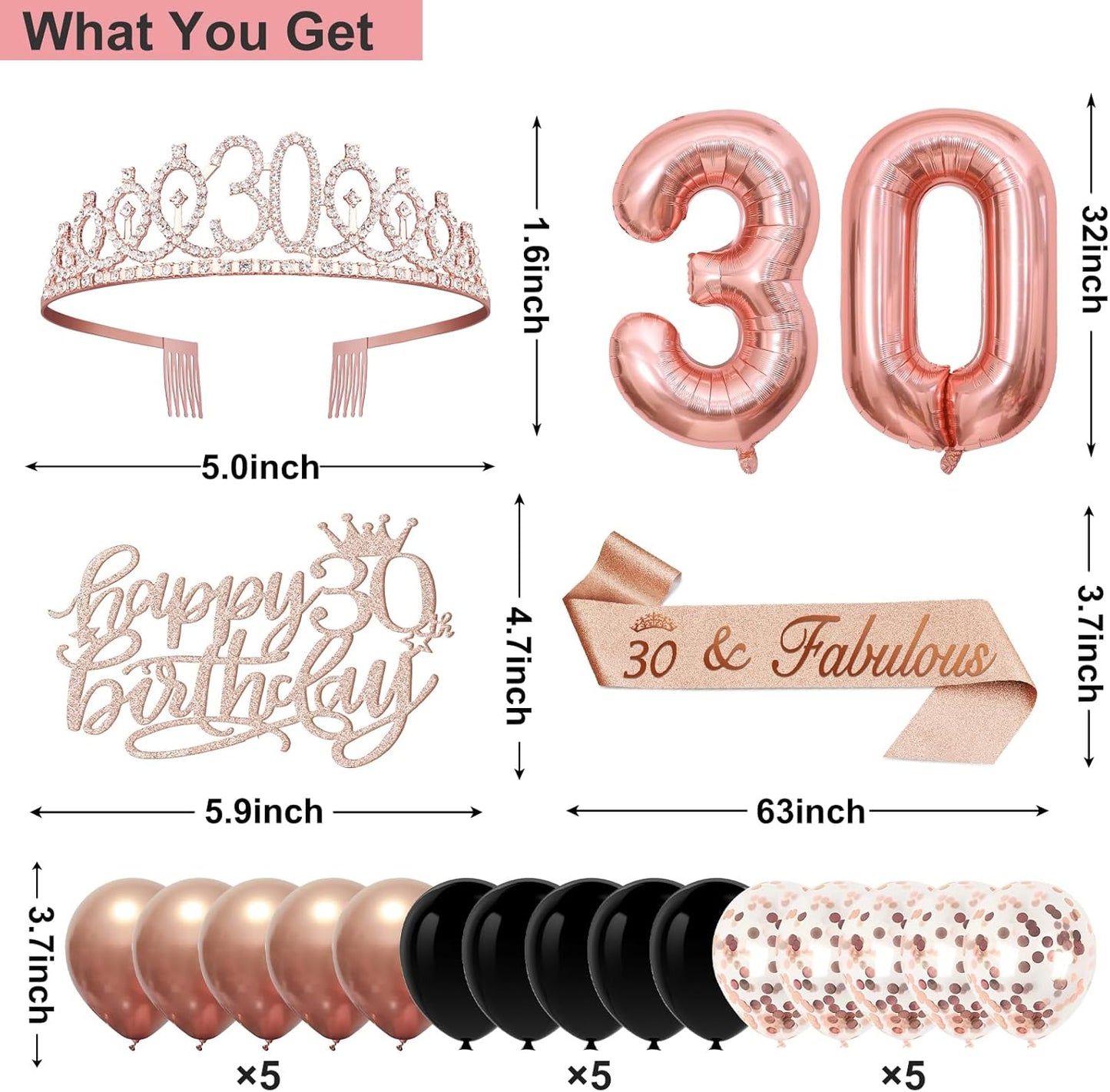 40th Birthday Decorations for Women,32pcs 40th Birthday Party Decorations,Including Backdrop, Crown,Sash,banner, Hanging Swirl,Cake Topper,balloons,Paper Fans,Anniversary Card and paper fans