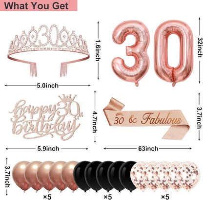 40th Birthday Decorations for Women,32pcs 40th Birthday Party Decorations,Including Backdrop, Crown,Sash,banner, Hanging Swirl,Cake Topper,balloons,Paper Fans,Anniversary Card and paper fans