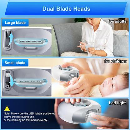 Electric Nail Clippers Automatic Nail Trimmers with Dual Blade Heads, LED Light, Nail Care Tool, Cutter & Grinder for Fingernails, Safe for Babies, Kids, Adults, Seniors, Weak Hands