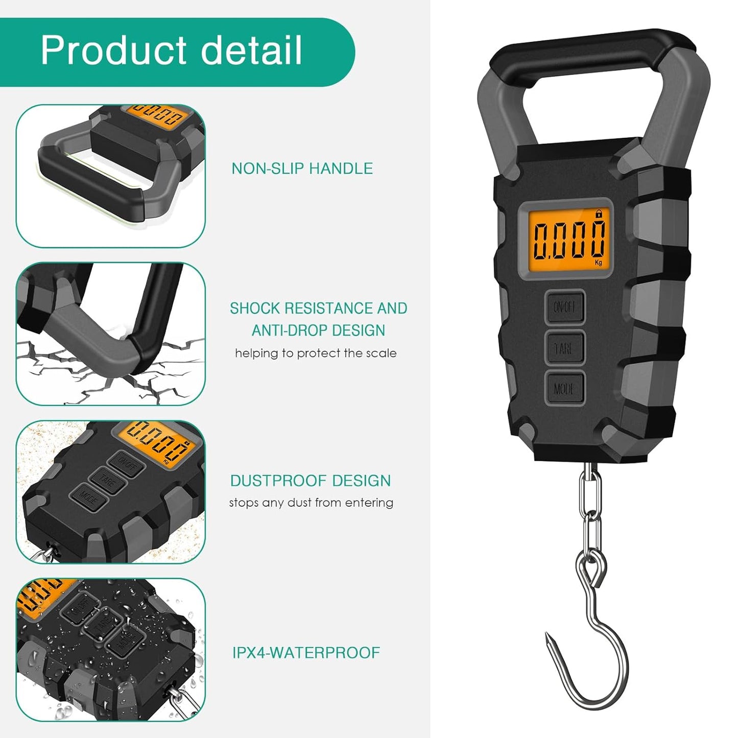 ORIA Fish Scale Digital, Fishing Scale, Fish Scale with Ruler, 50kg/110lb Electronic Digital Luggage Scale, Waterproof, Backlit LCD Display (Gray)
