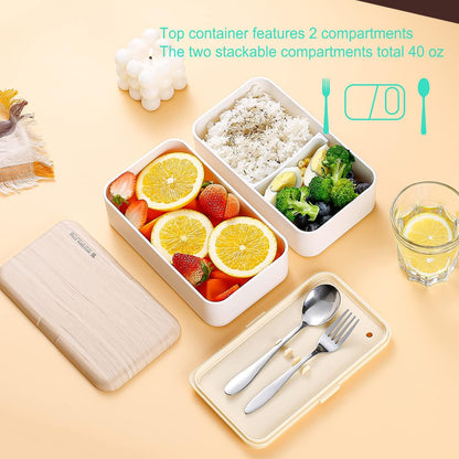 Original Bento Box Lunch Boxes Container Bundle Divider Japanese Style with Stainless Steel Utensils Spoon and Fork (Pink)