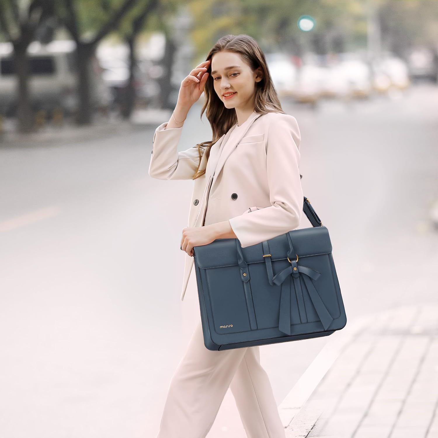 MOSISO Laptop Bag for Women, PU Leather Laptop Shoulder Bag Convertible Backpack, Work Travel Computer Bag with Bowknot - PuriLite