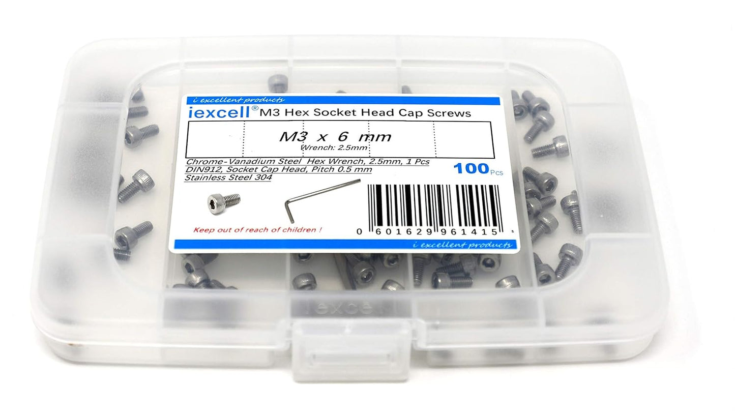 iexcell 25 Pcs M6 x 20mm Thread Pitch 1 mm Stainless Steel 304 Hex Socket Head Cap Screws Bolts Kit