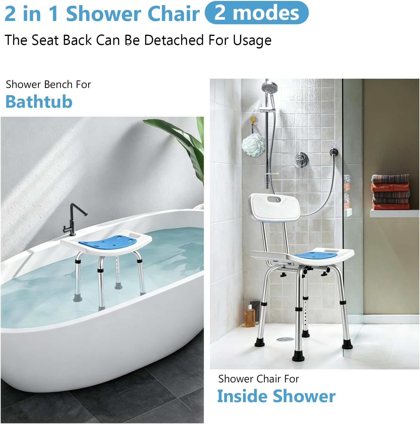 Shower Chair with Back Removable - 2 in 1 Nonslip Shower Stool for Inside Shower, Adjustable Shower Seat for Seniors, Elderly, Handicap, Disabled 300LBS