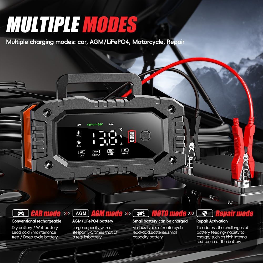 IRICO Multi-Stage Smart Battery Charger for Lithium-ion, LifePo4, AGM, Gel, SLA, Wet, EFB, Deep Cycle Batteries, with Repair Feature. Charge at 12V, 10A or 24V, 5A (12V 10A)