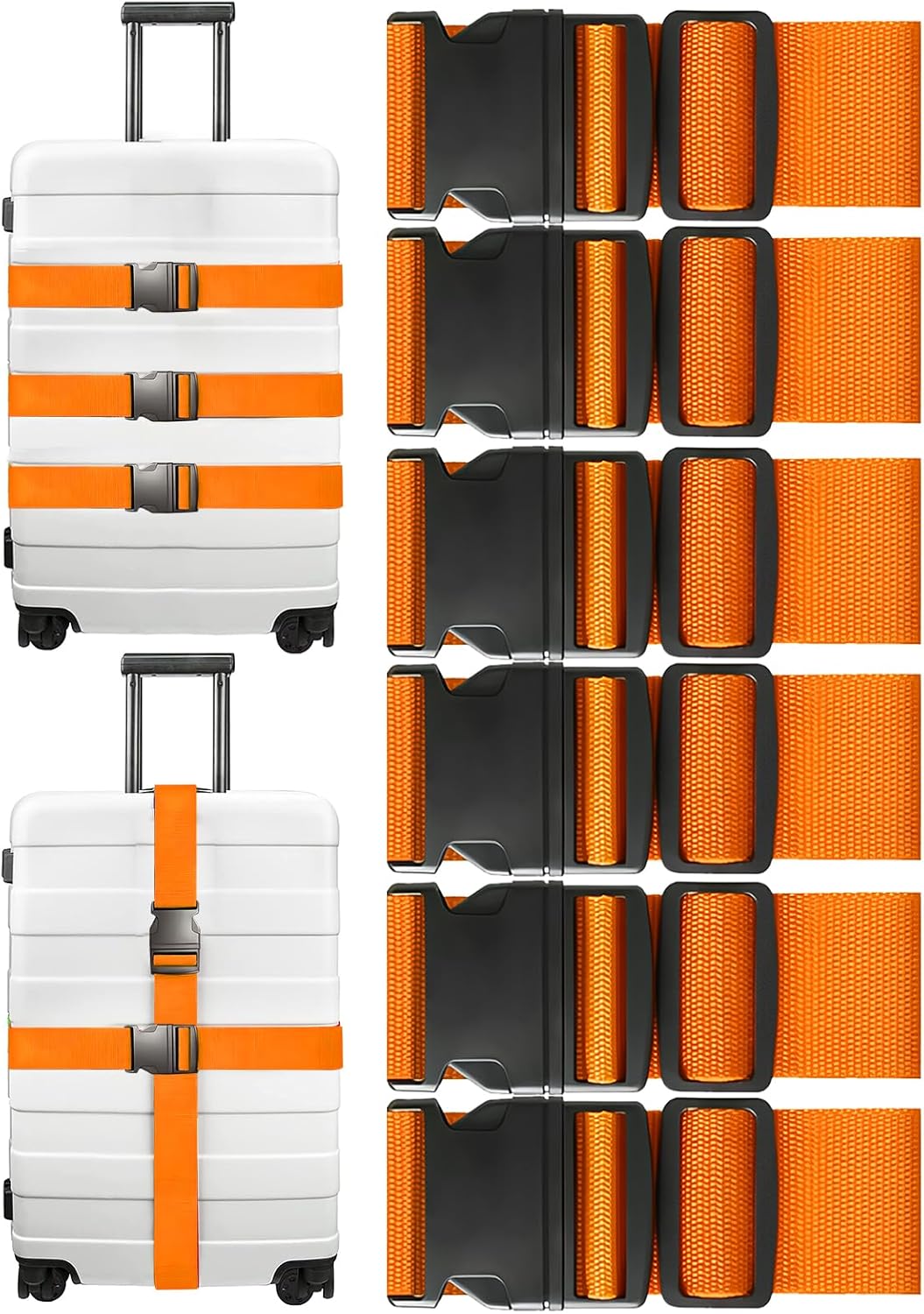 6-Pack Heavy-Duty Adjustable Luggage Straps for Suitcases – Bright Orange Suitcase Belts with Quick-Release Buckle, 200cm x 5cm Travel Wrap Straps for Secure Packing - PuriLite