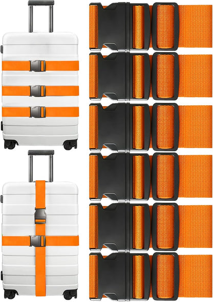 6-Pack Heavy-Duty Adjustable Luggage Straps for Suitcases – Bright Orange Suitcase Belts with Quick-Release Buckle, 200cm x 5cm Travel Wrap Straps for Secure Packing - PuriLite