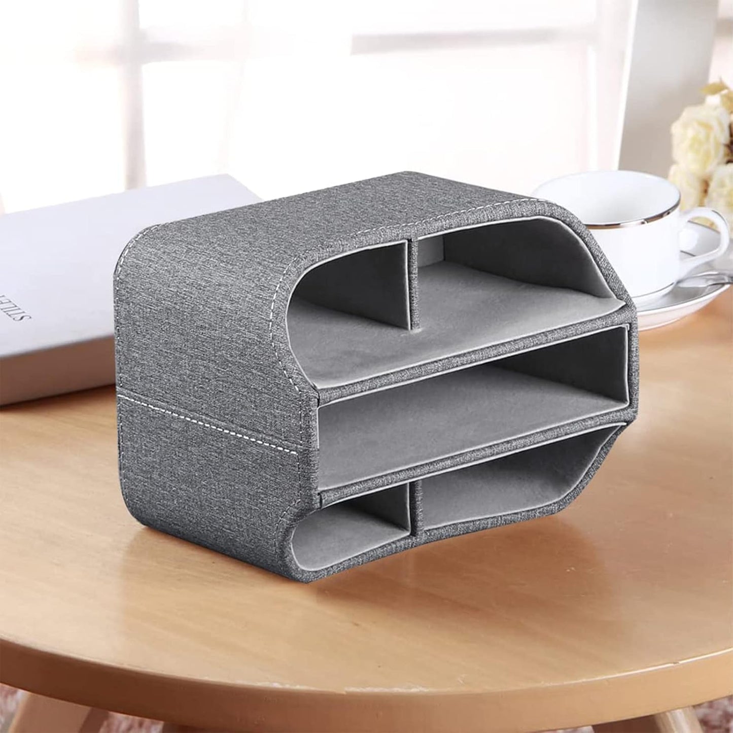 360°Rotatable TV Remote Caddy, PU Leather Multifunctional Remote Control Holder,Office Remote Tray Desk Organizers/Storage Box for Ipad Mini/Pen/Mobile Phone/Media Nightstand Organizer,Grey
