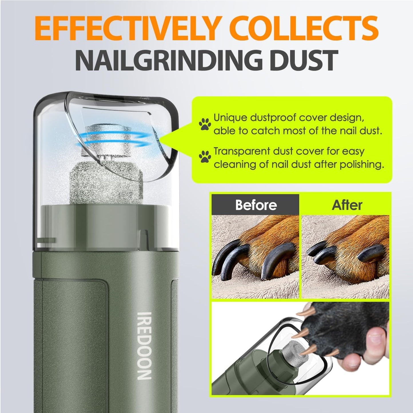 IREDOON Dog Nail Grinder Upgraded - Professional 3-Speed Super Quiet and Low Vibration Electric Pet Nail Grinder with 4 LED Lights - Painless Paws Grooming & Smoothing for Small to Large Dogs (Black)