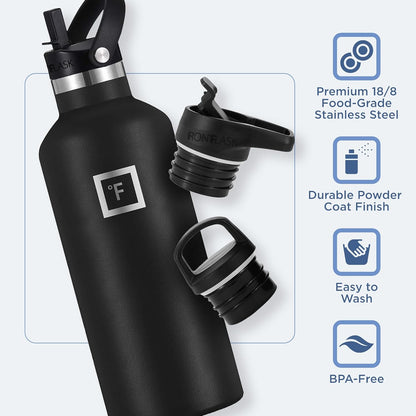 Camping & Hiking Hydration Canteens - 24oz 3 Lids (Narrow Straw/Spout Lid) Leak Proof Vacuum Insulated Stainless Steel - Hot & Cold Double Walled Sports Water Bottle