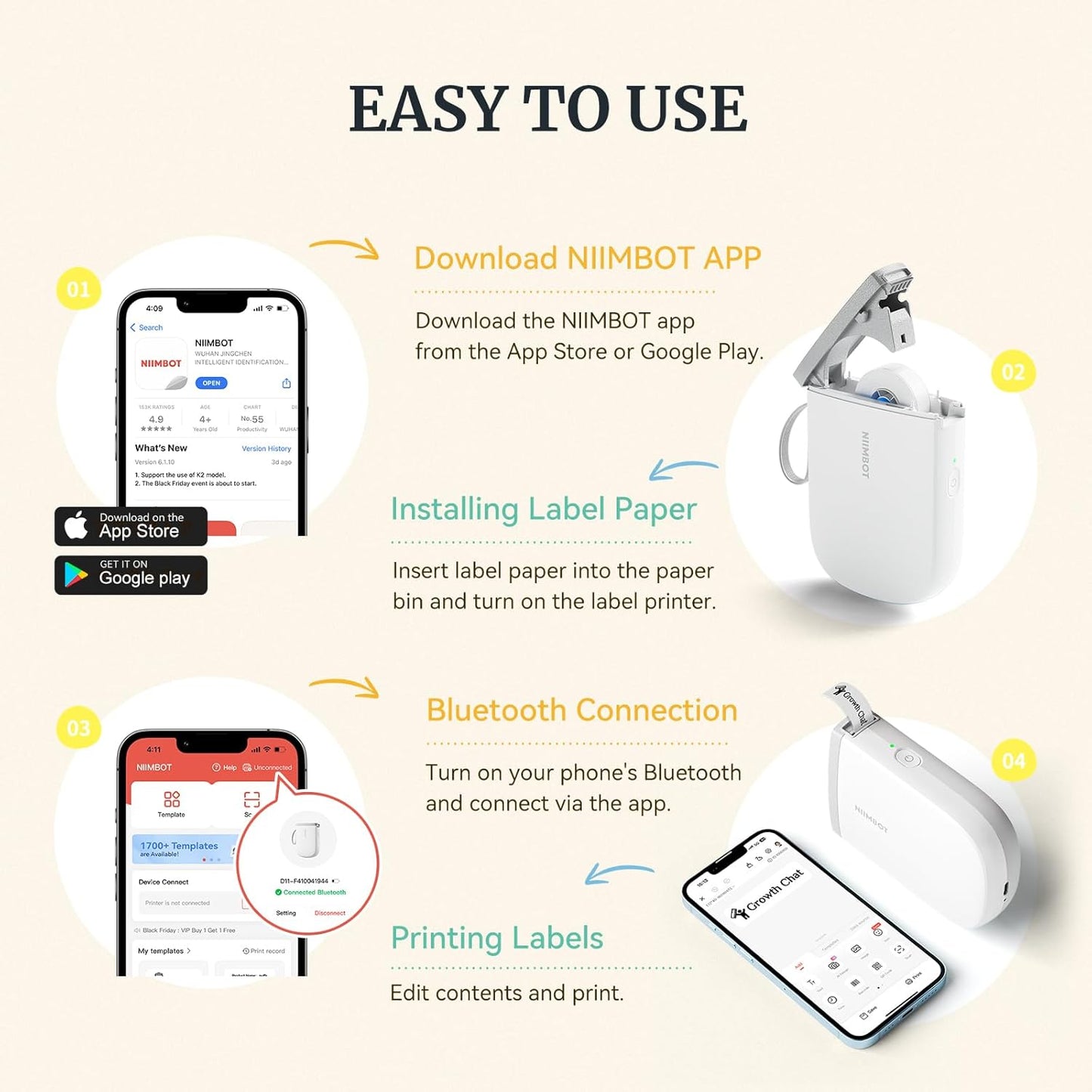 NIIMBOT D110 Mini Label Maker Machine with Tape(Pre-Cut Size 12x40mm), Portable Bluetooth Sticker Printer, Inkless Automatic Feeding One-Touch Custom Printing, Compatible with Phone Only
