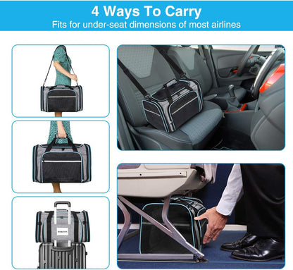 MASKEYON Airline Approved Portable Pet Carrier 2 Sides Expandable Soft-Sided Large Cats Carrier Collapsible Kennel Travel TSA Carrier 4 Doors with Removable Pads and 3 Pockets for Puppy Small Dogs