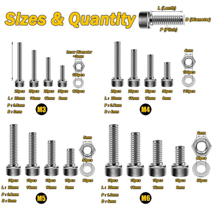 Mywish 900Pcs Metric Screw Assortment, M3 M4 M5 M6 Screw Assortment Kit 304 Stainless Steel Hex Socket Button Head Socket Cap Metric Screws Bolts & Flat Washers/Nuts/Hex Wrenches 16 Sizes 8MM to 20MM